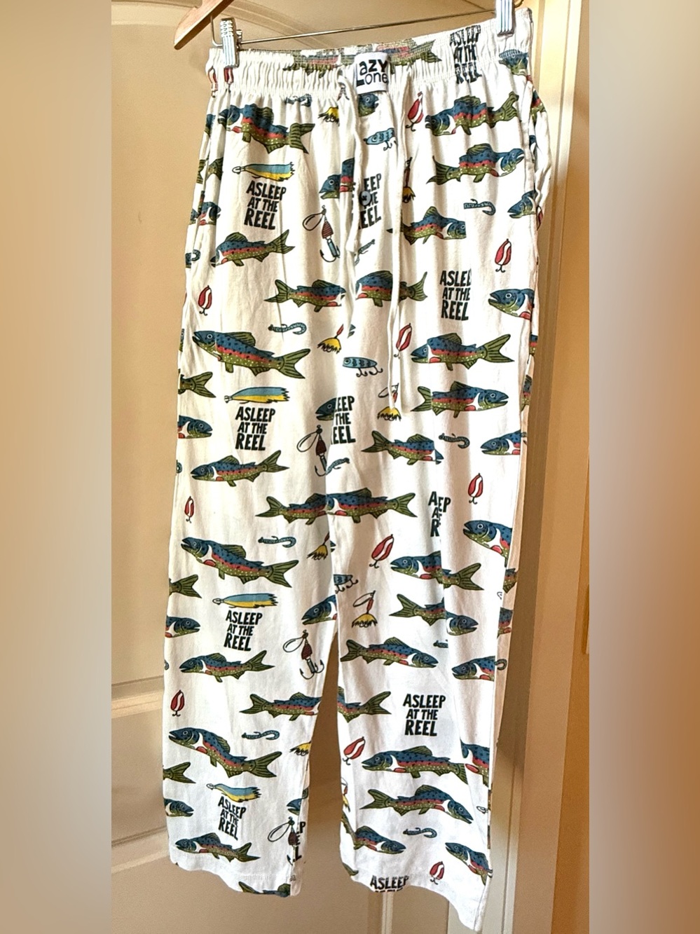 Unisex Lazy One,Asleep at the Reel Fish Themed Print White Pajama Pants Sz M